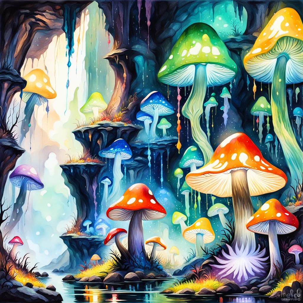 Enchanted Cave with Glowing Mushrooms in Gouache Style