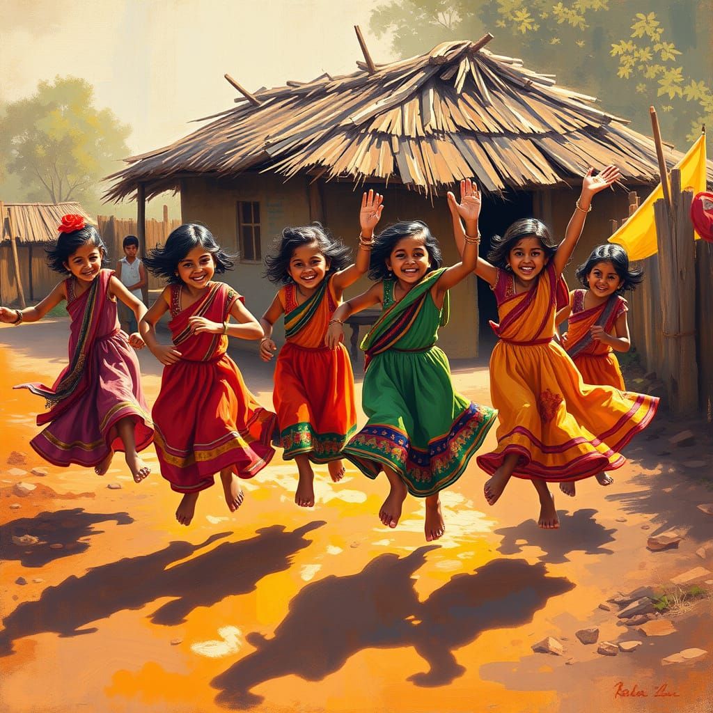 Indian Children Dancing with Impressionistic Flair