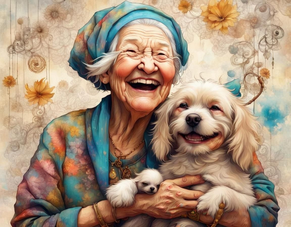 Laughing Granny Holding Dog in Art Brut Style