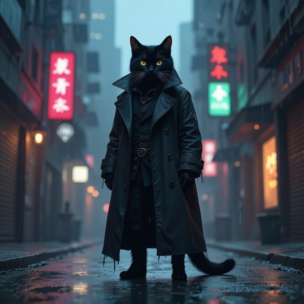 Black Cat in Dystopian Cityscape, Cyberpunk Style