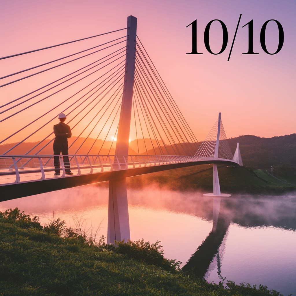 Civil Engineer at Sunset beside Modern Suspension Bridge