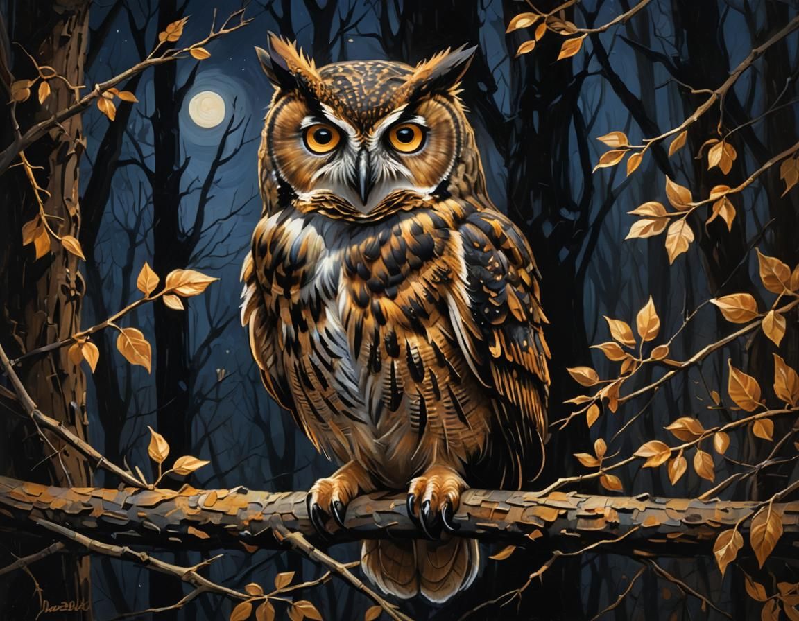 Nocturnal Owl in Forest: Oil Painting with Chiaroscuro