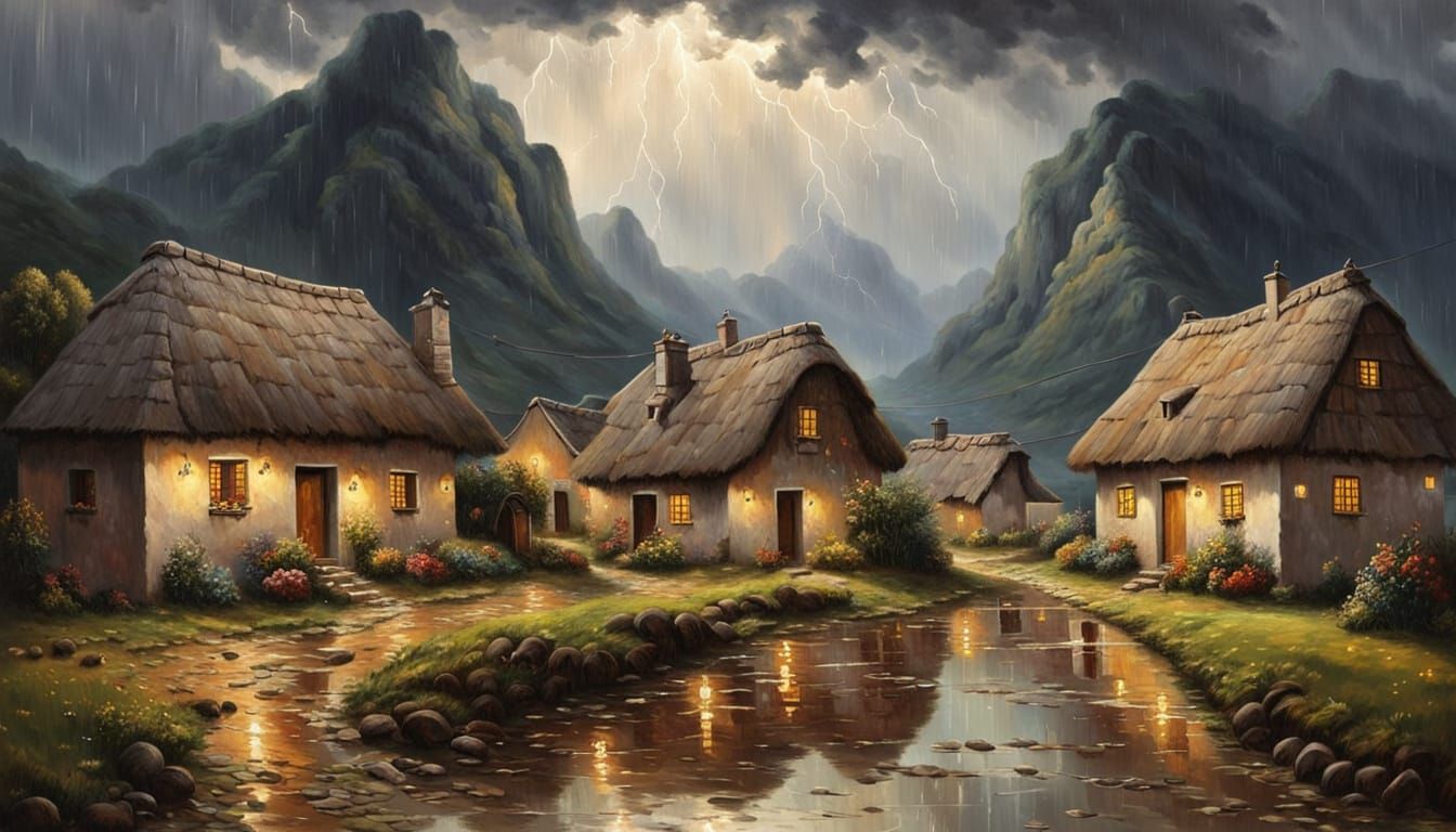 Baroque Mountain Village in Night Storm