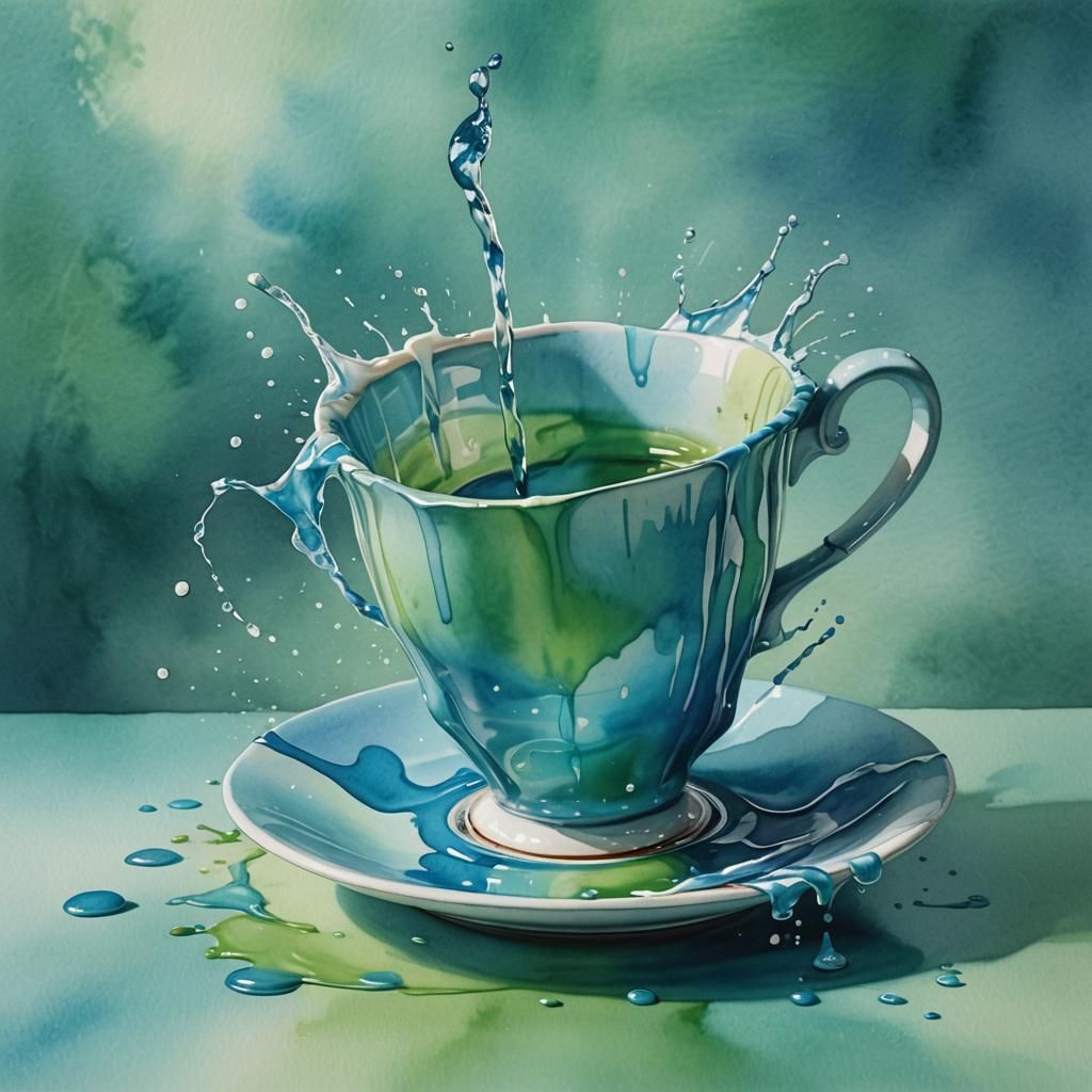 Falling Cup: A Hyperrealistic Watercolor in Pastel Shades