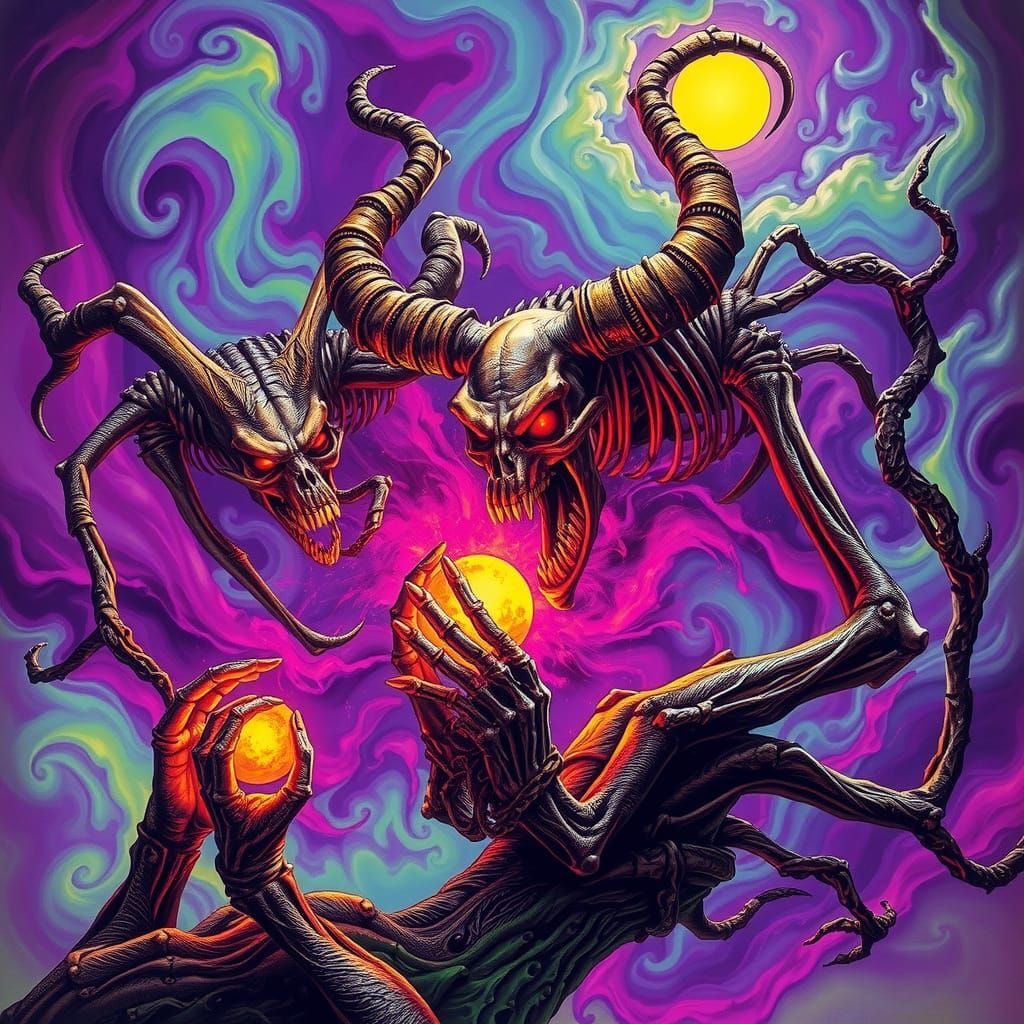 Psychedelic Hellscape with Skeletal Creatures