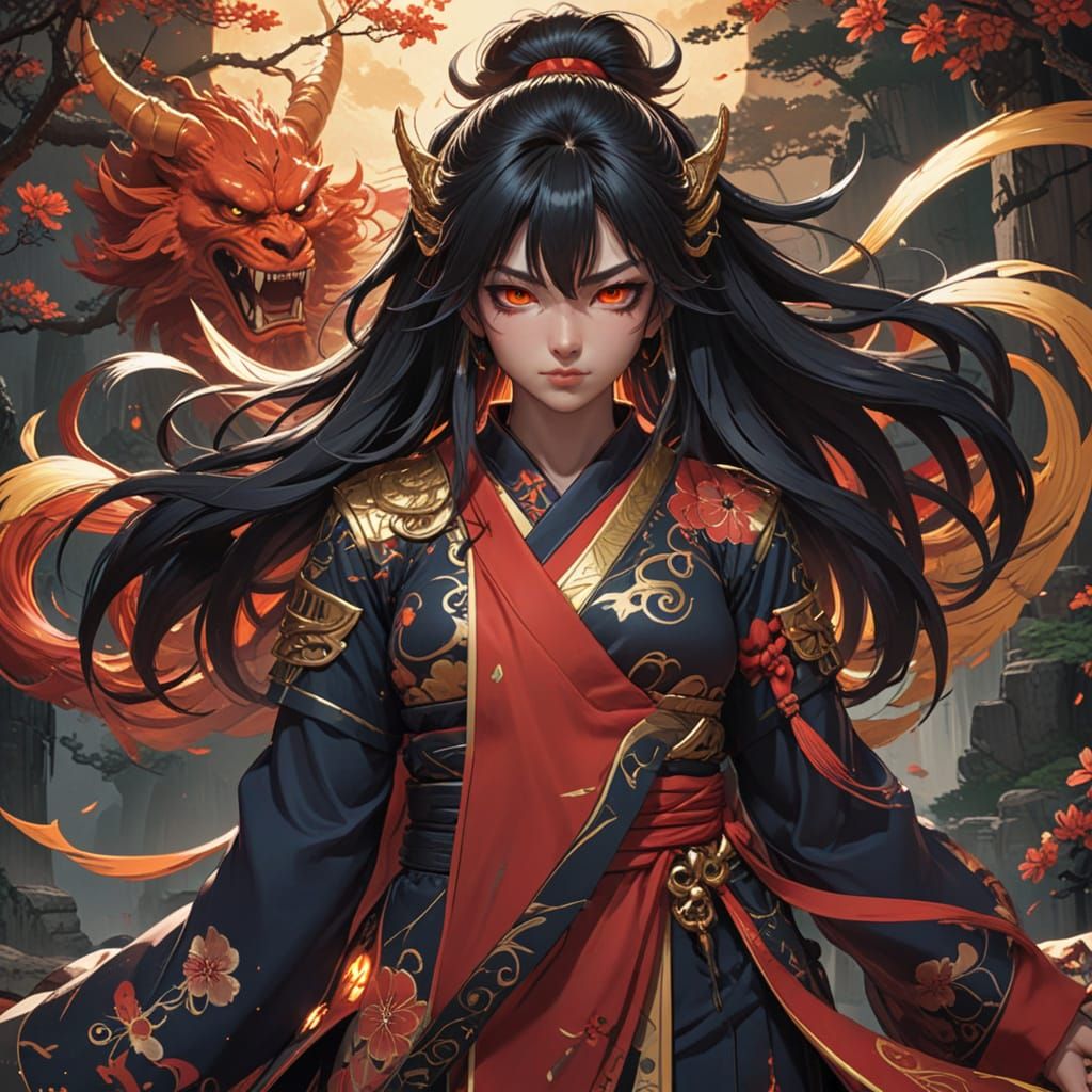 Miko Oni Princess in Vibrant Cel-Shaded Wonderland