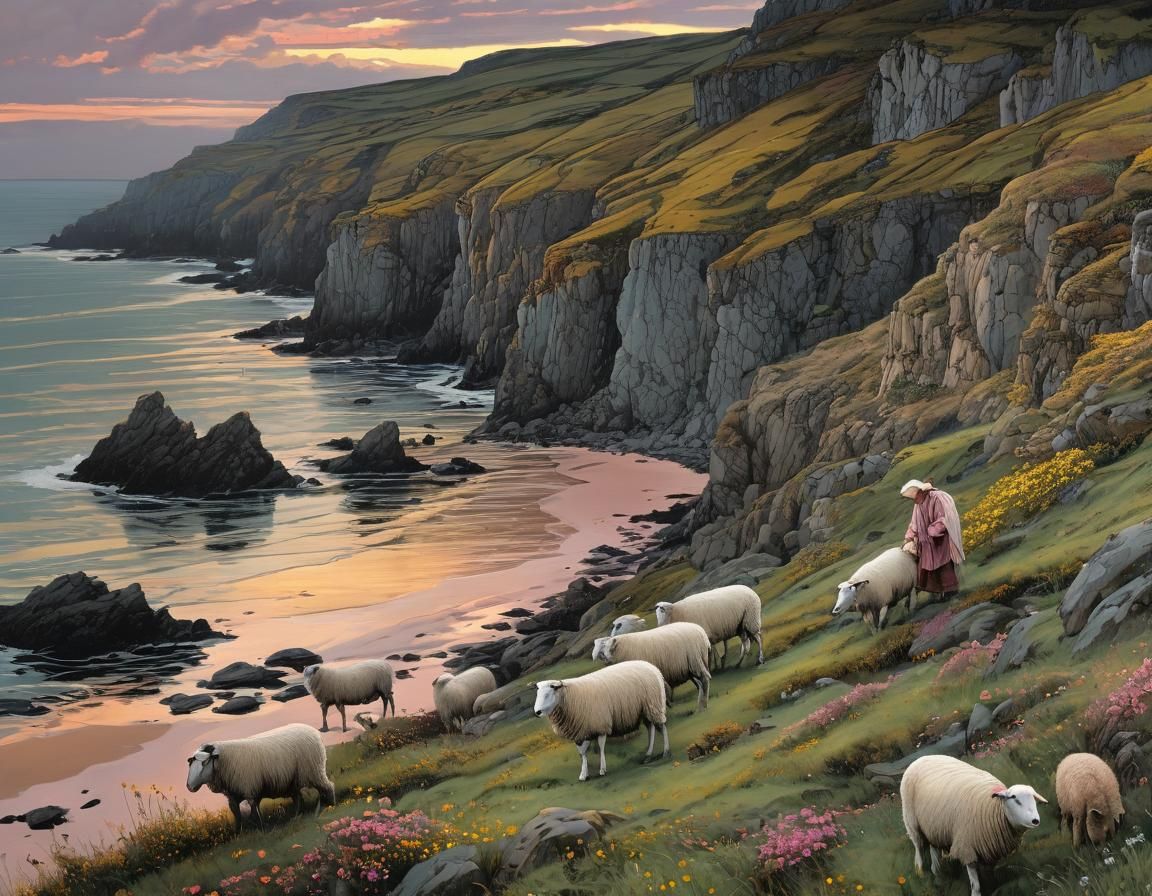 Shepherd and Sheep at Sunset, Detailed Digital Art