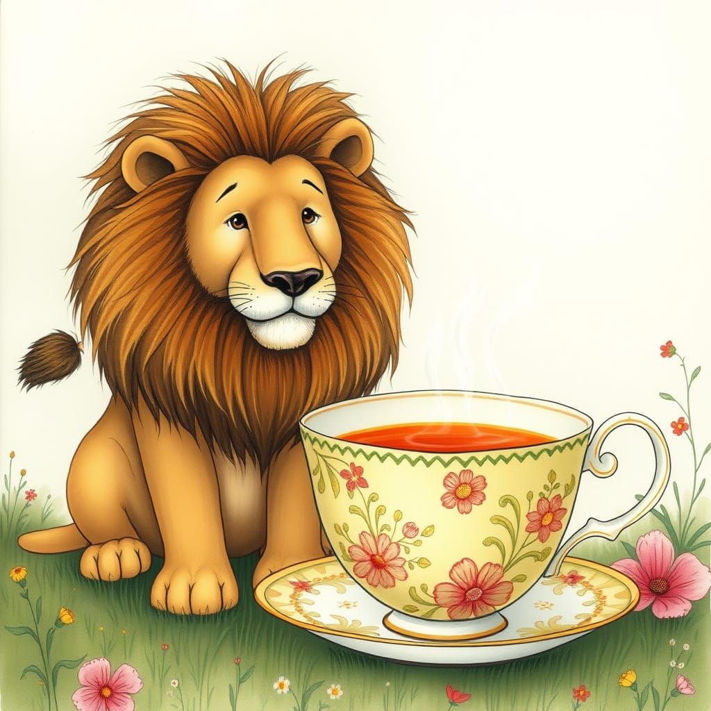Lion and Teacup in Children's Book Style