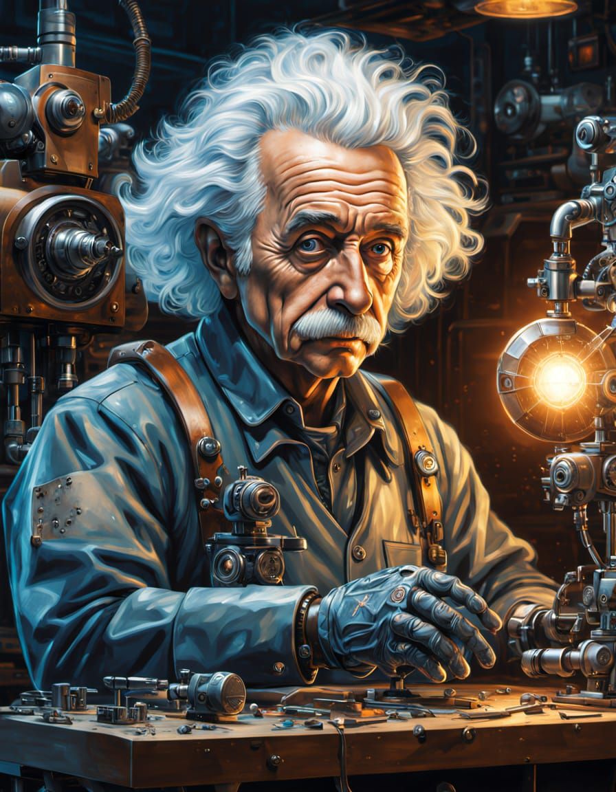 Einstein Repairs Android in Comic Art Style