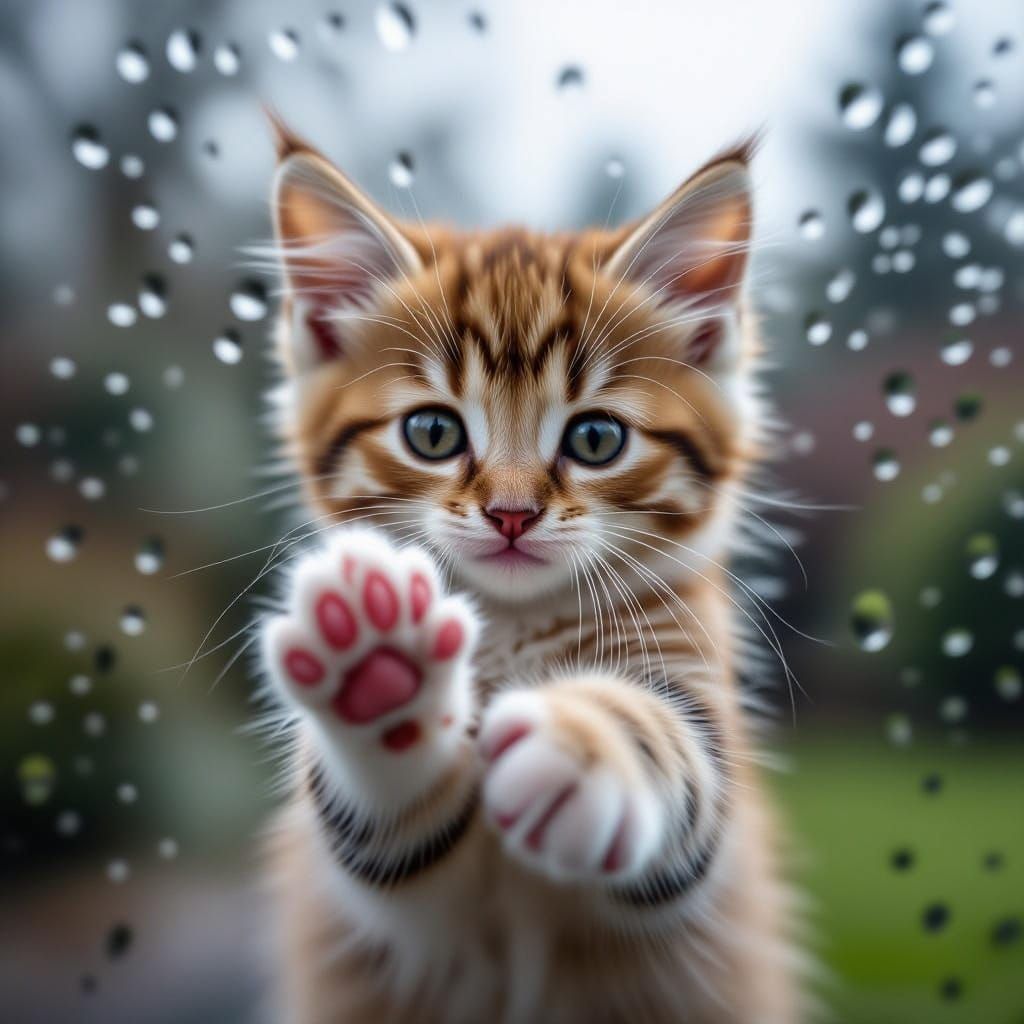 Adorable Kitten Presses Paws Against Rainy Glass