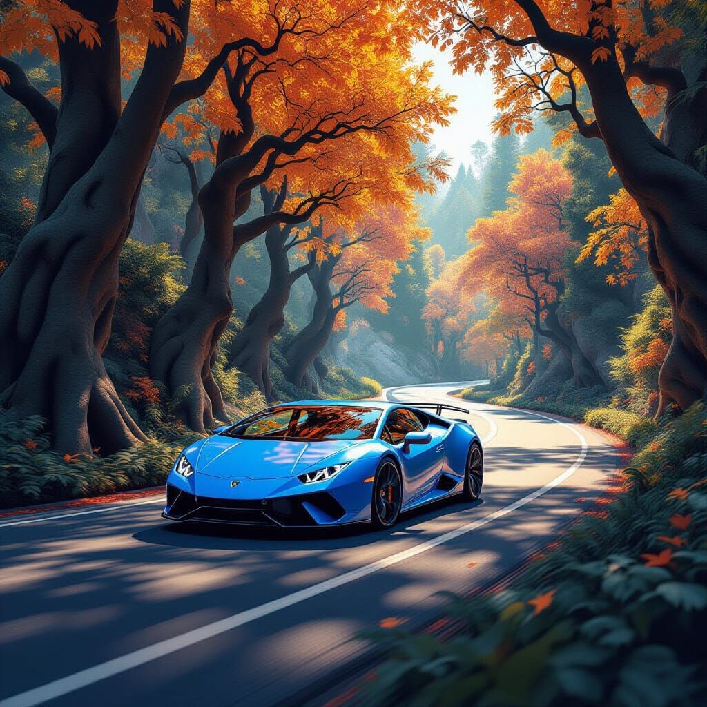 A blue Lamborghini Huracan cruising on a road