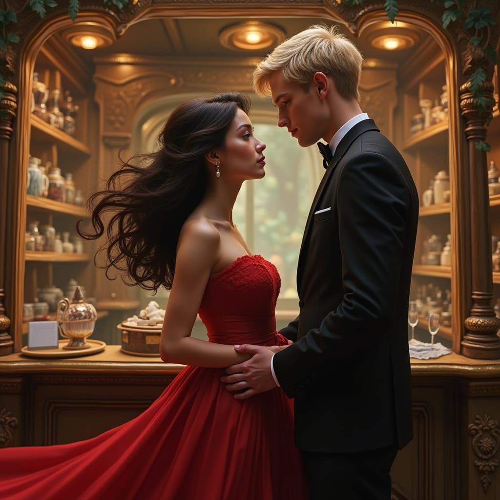 Romantic Couple at Chocolate Shop, Matte Painting Style