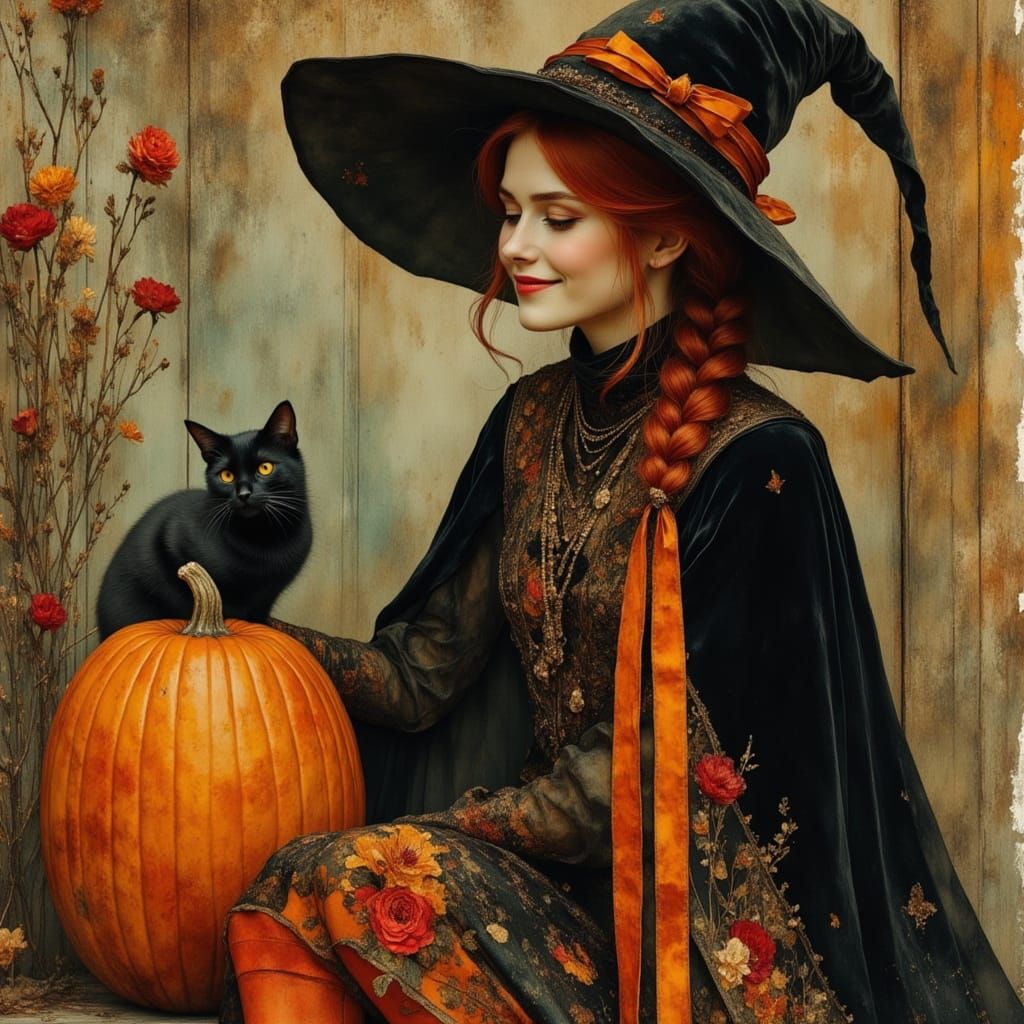 Red-Haired Witch with Black Cat in Art Nouveau Style
