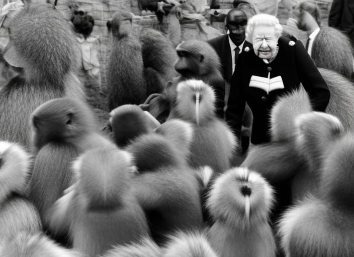 Queen Elizabeth II with Baboons in Abattoir