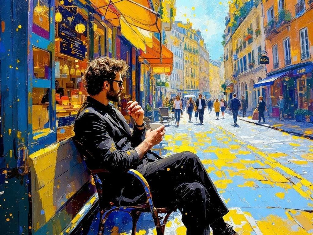 Parisian Cafe Scene in Impressionist Style