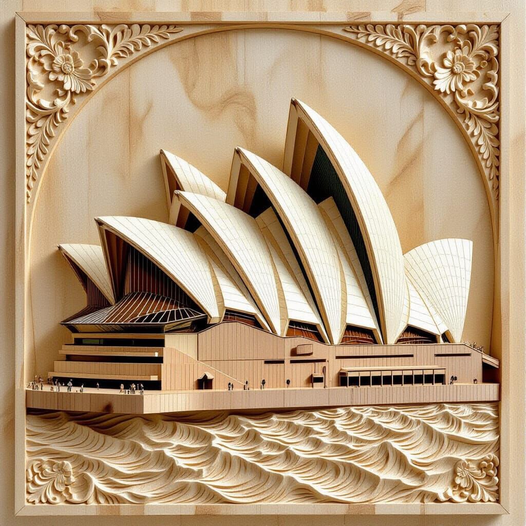 Detailed Light Wood Bas-Relief of Sydney Opera House