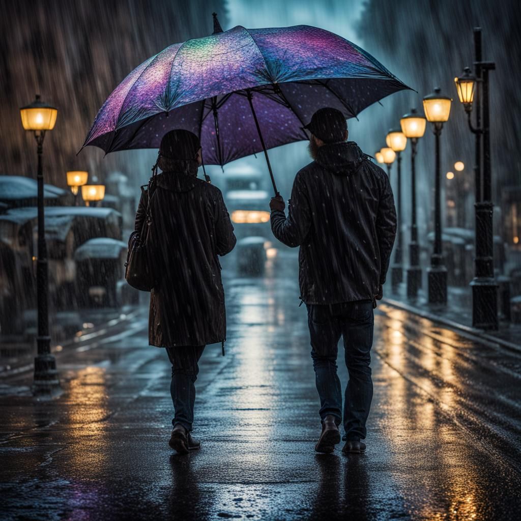 Couple Under Iridescent Umbrella in Rainy Silhouette