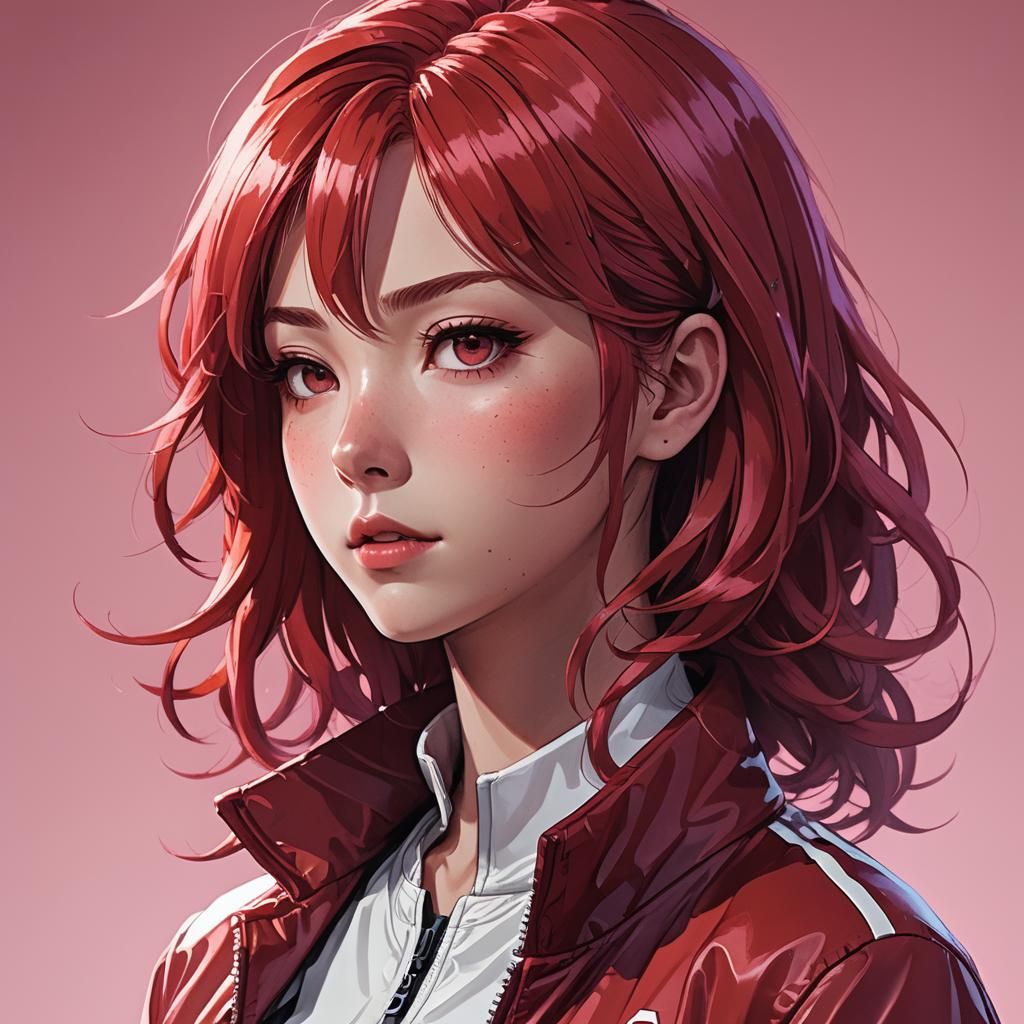 Anime Close-up: Scarlet-Haired Woman in Studio Trigger Style