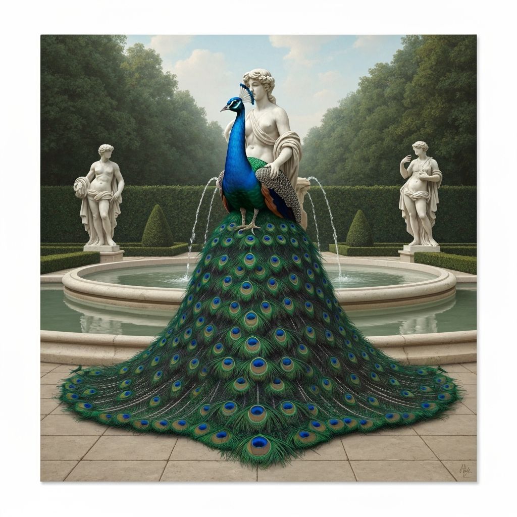 Regal Peacock Goddess Beside Classical Fountain