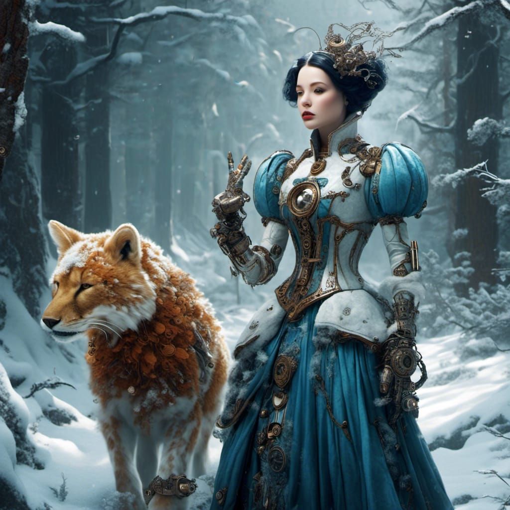 Cyberpunk Steampunk Android Snow White in Enchanted World