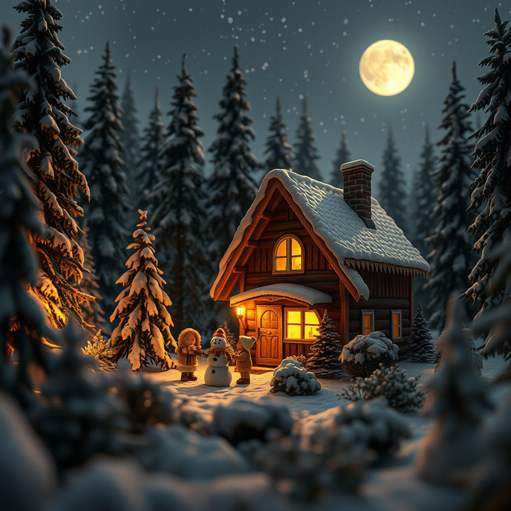 Family cabin in the woods on a winter night