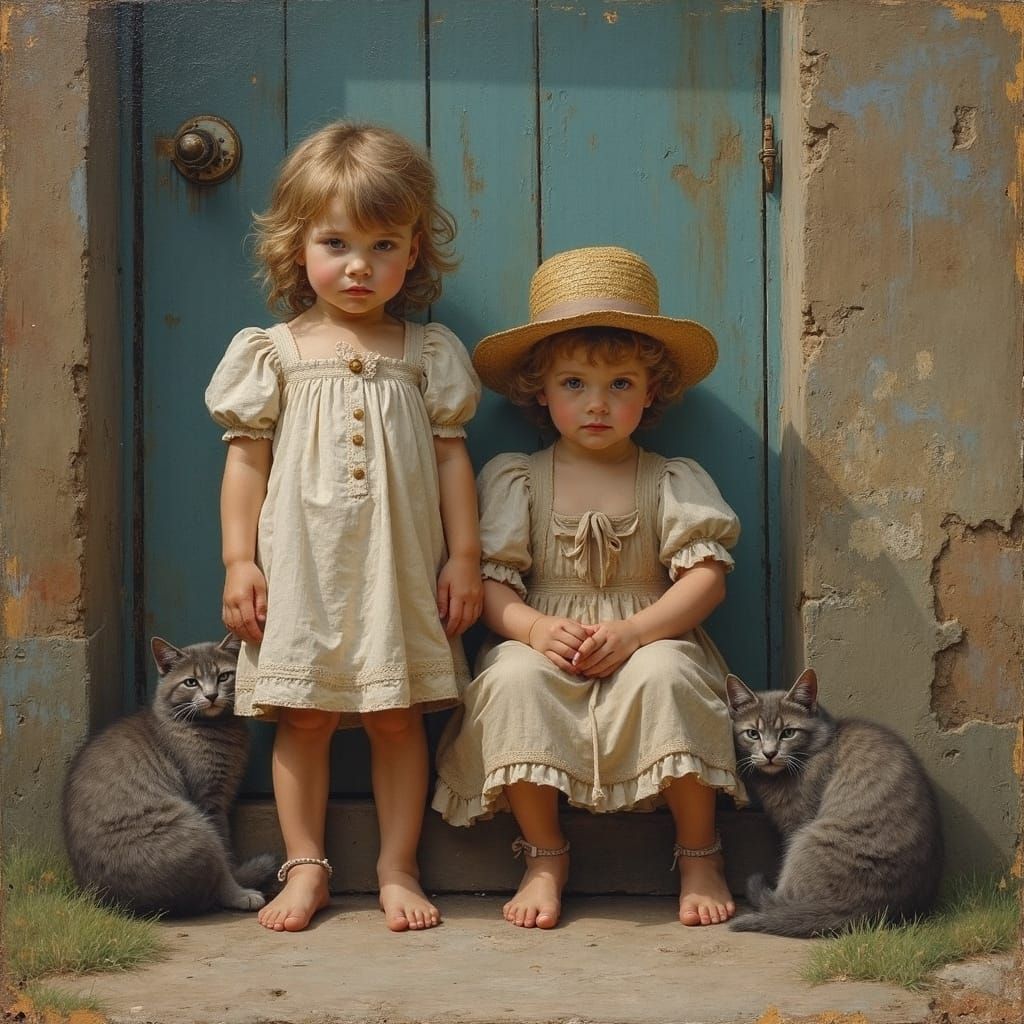 Barefoot Children with Grey Cats in Impressionist Style
