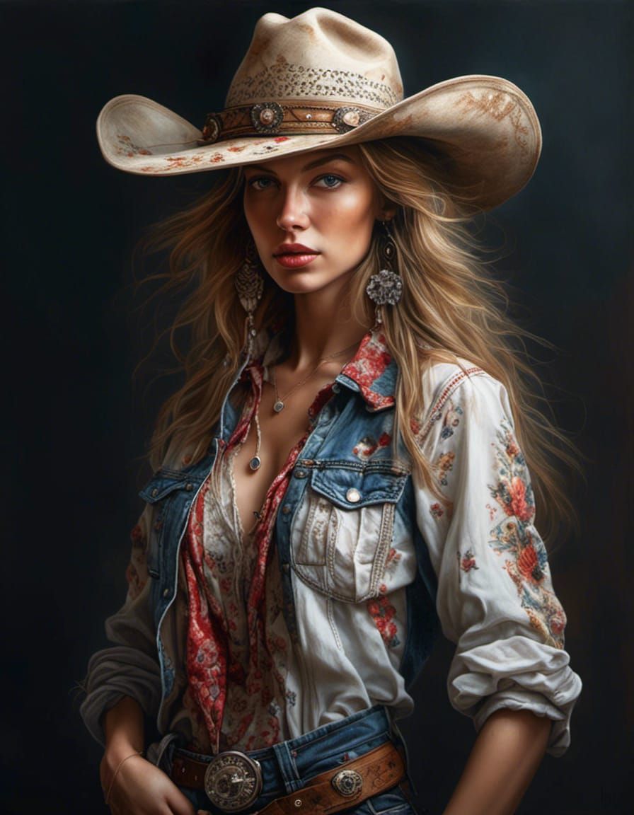 Hyperrealistic Portrait of Woman in Cowboy Clothes