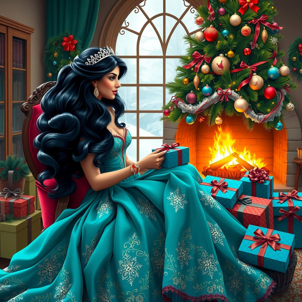 Jasmine's Christmas: Sumptuous Turquoise Gown in Rustic Room