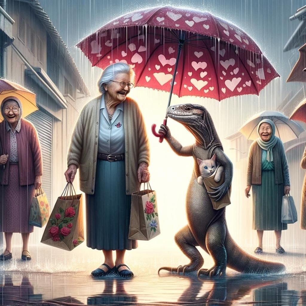 Elderly Woman Sheltered from Rain by Heart Umbrella