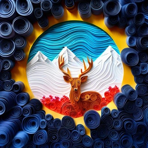 Paper Quilling Deer in Surreal Landscape