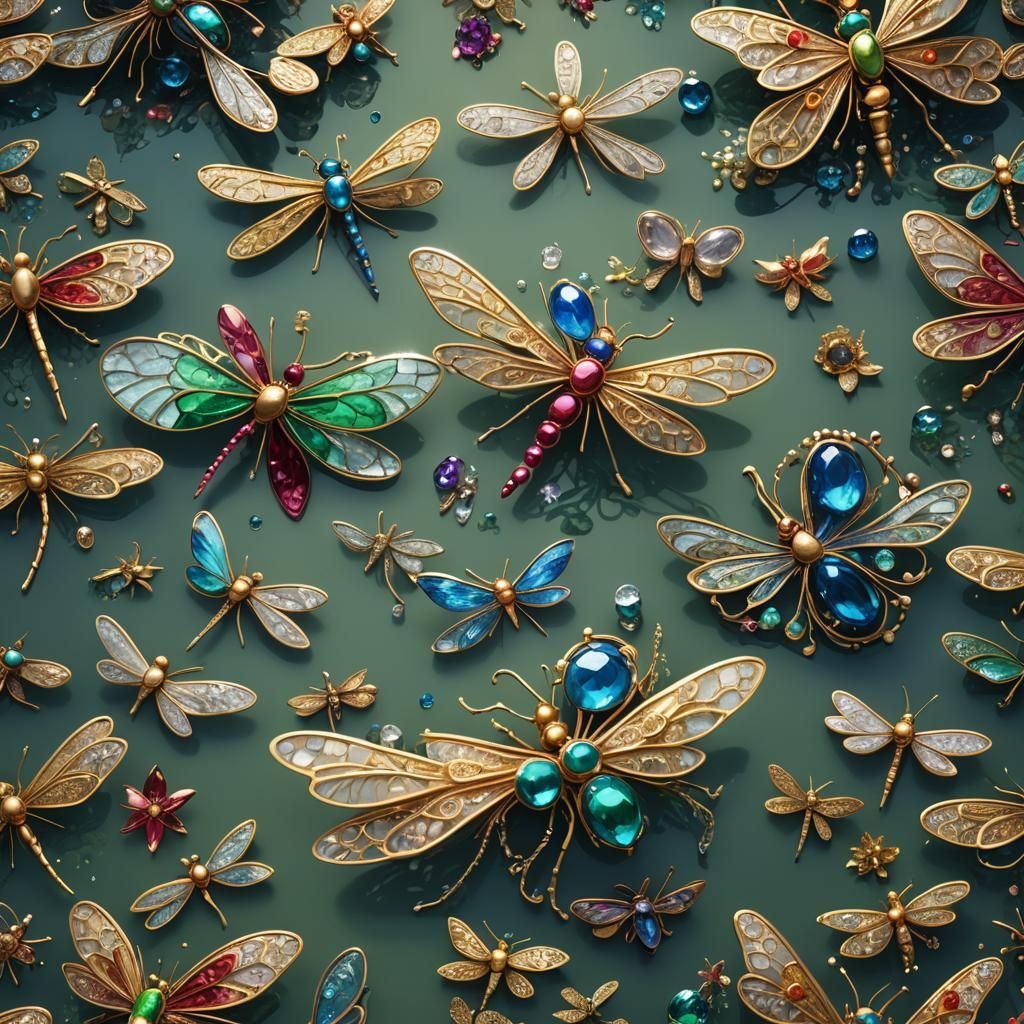 Dragonflies with Jeweled Wings Fly Over Summer Pond