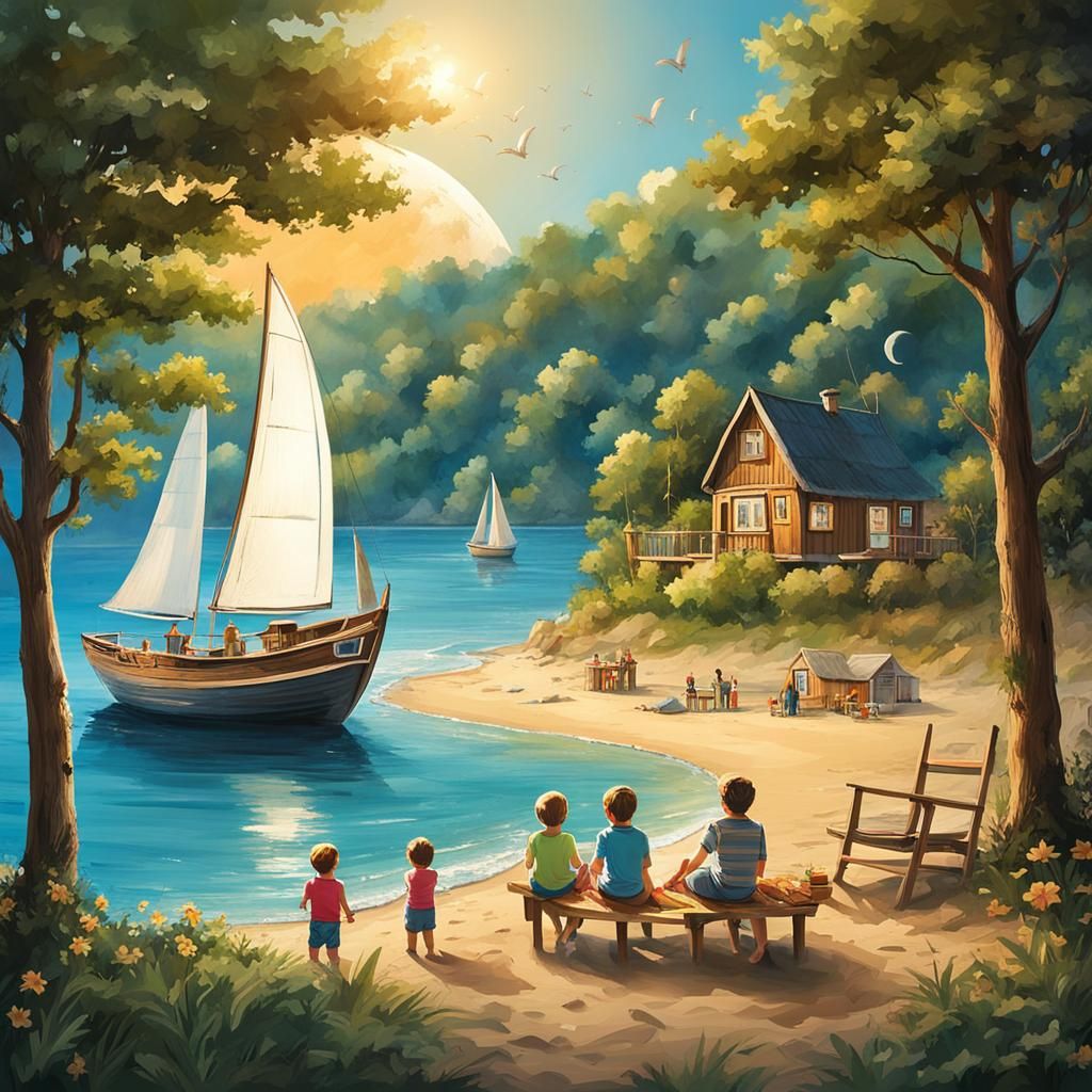 Scenic Lakeside Family Camping Under Moonlit Sky