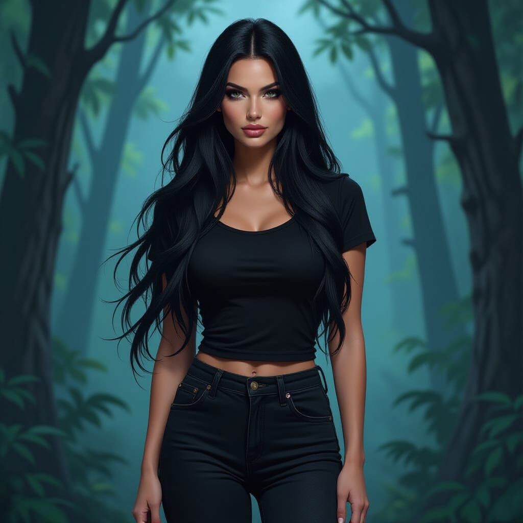 Goth Elf Woman in Forest, Inspired by Frank Cho Style