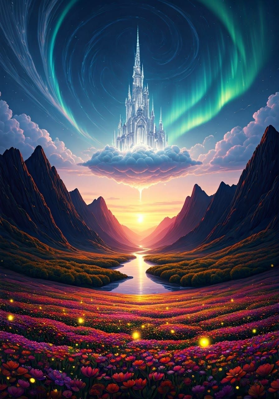 Ethereal Glass Landscape with Floating Castle