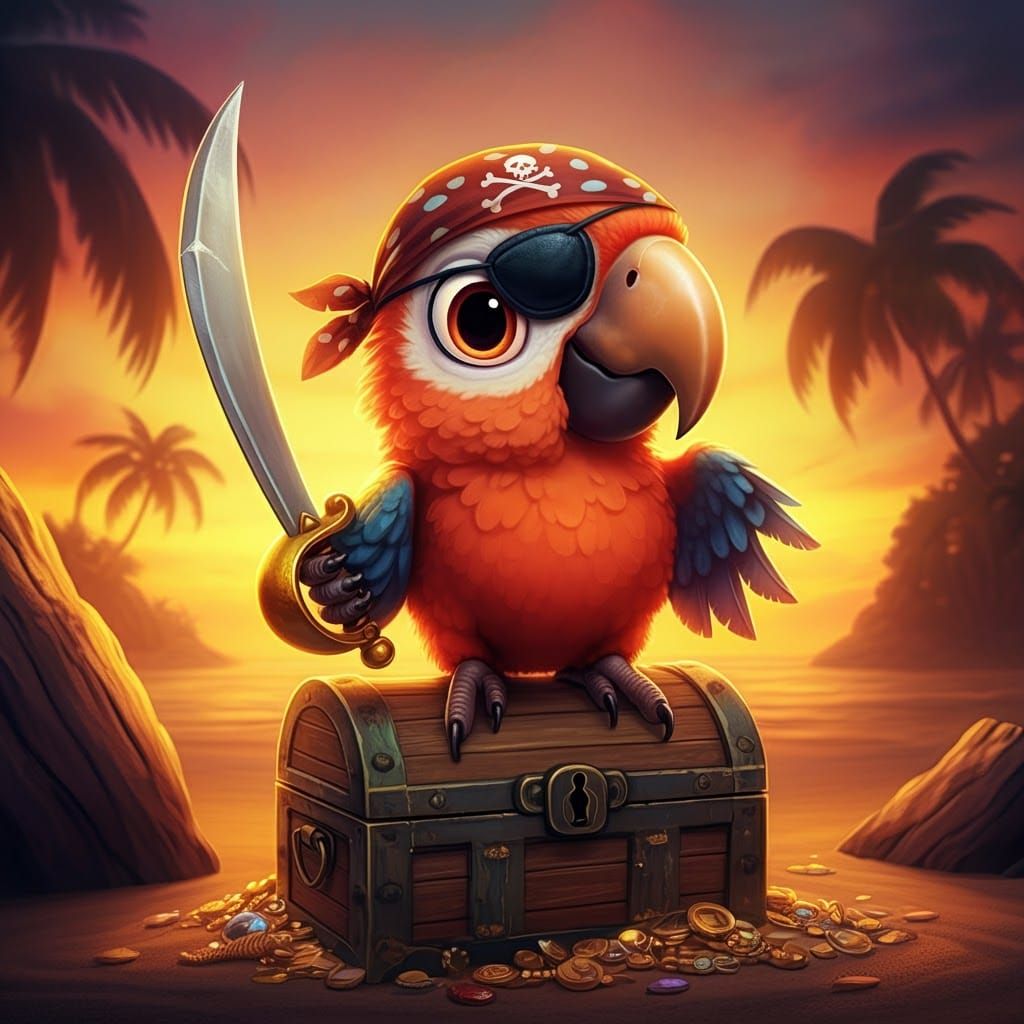 Pirate Parrot on Treasure Chest, Expressive Digital Art