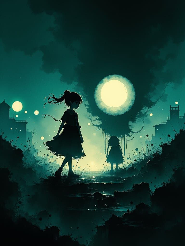 Silhouetted Figures in Mist: 90s Anime Style