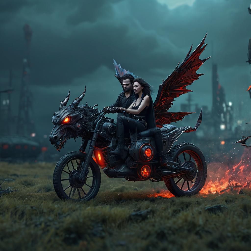 Gothic Couple on Cyberpunk Vehicle in Destroyed World