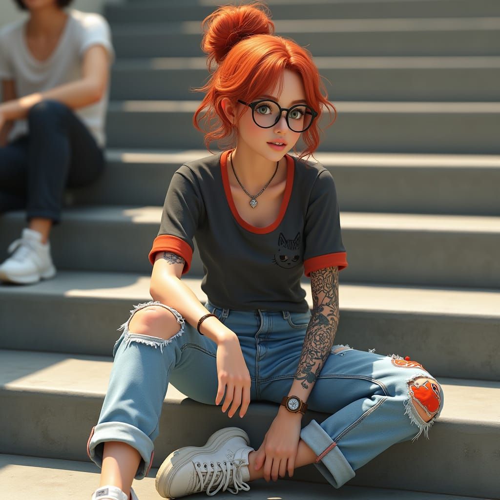 Young Woman in Relaxed Pose on Outdoor Stairs, Rendered in H...