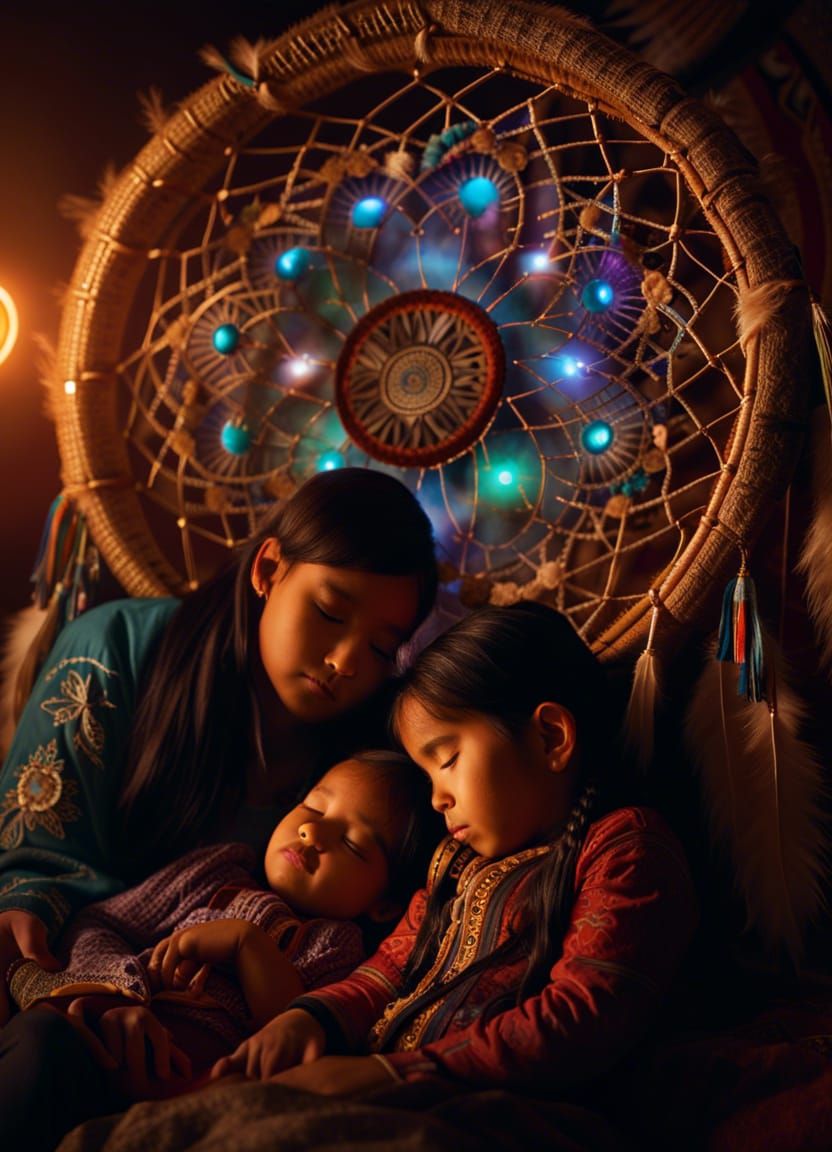 Anishinaabe Family Under Dreamcatcher with Filigree Details