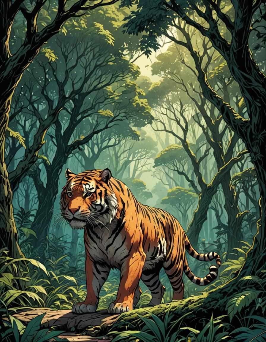 Tiger and Man Under Canopy in Comic Book Art