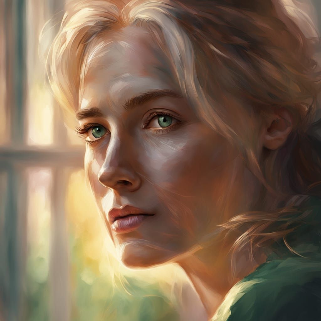 Blonde Woman Contemplates Husband's Return in Soft Watercolo...