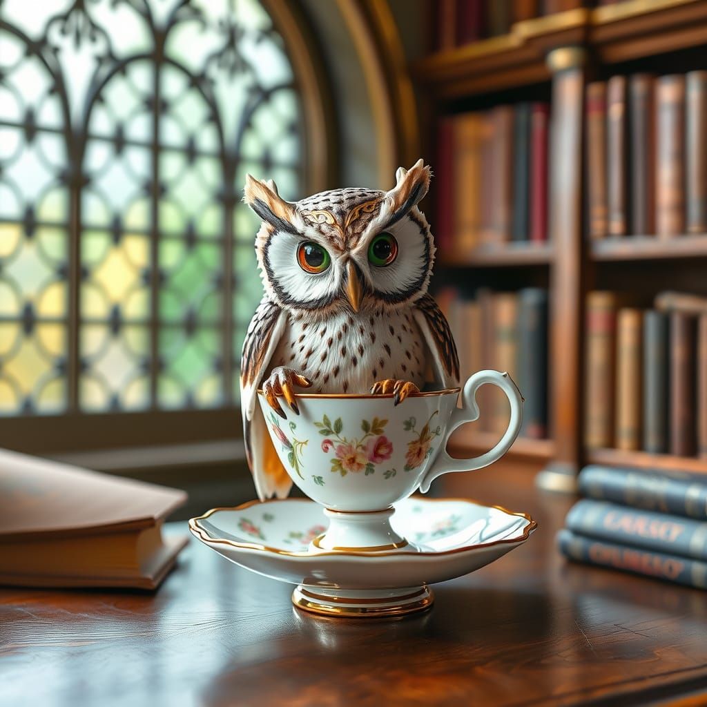 Teacup Owl Serving Dream Brews in Library