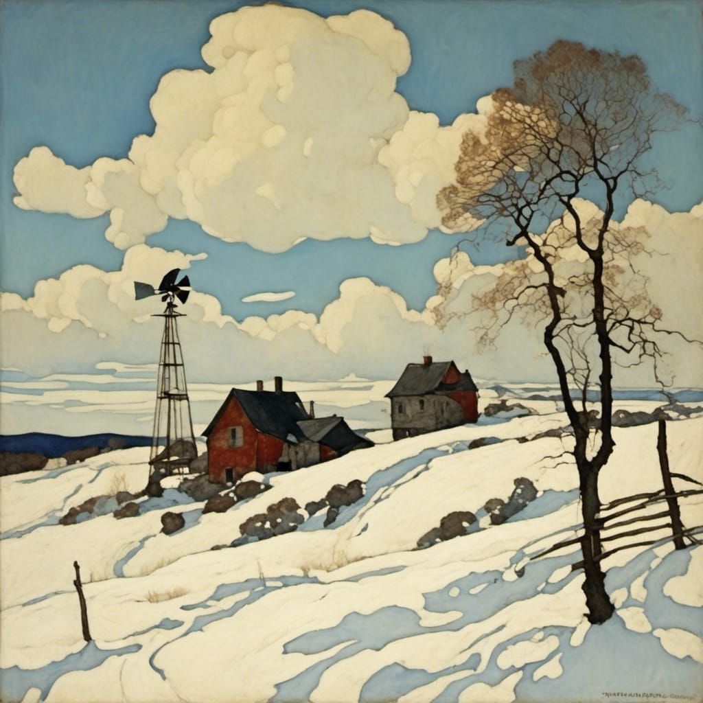 Farmhouse on Hill with Wind Pump