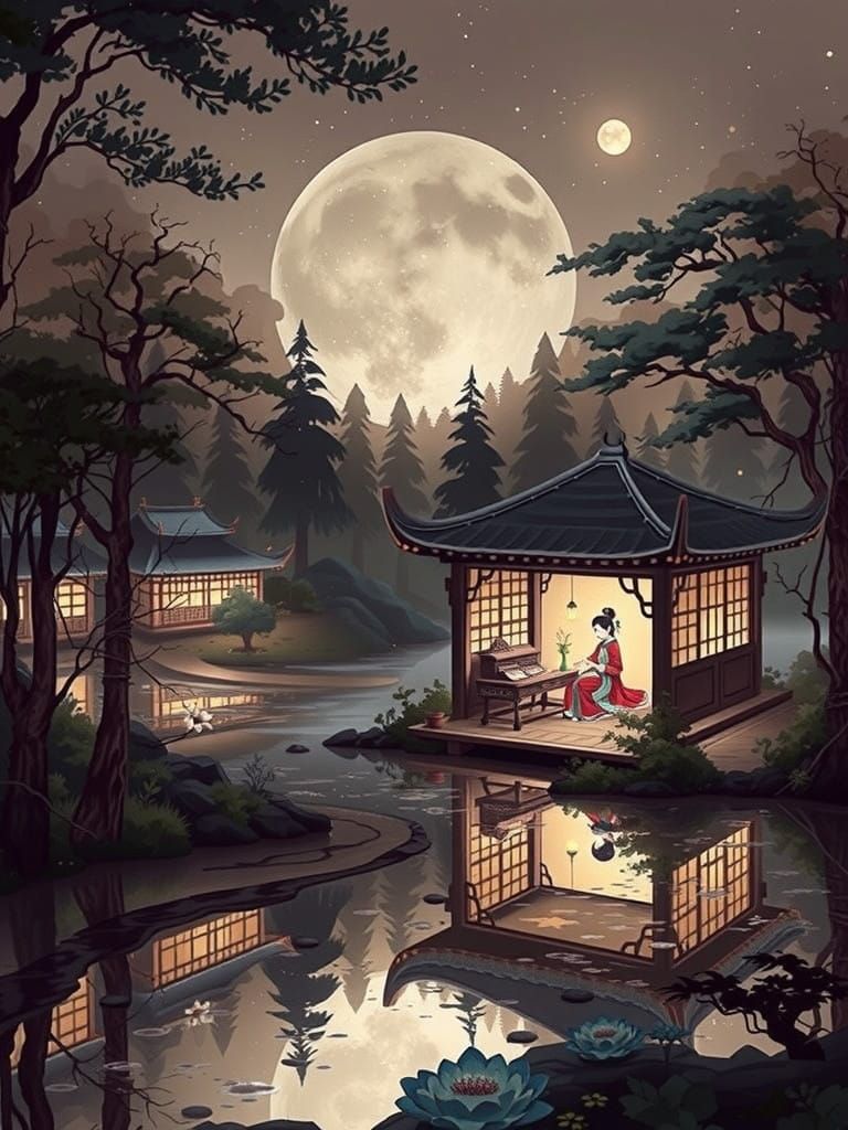 Young Woman Plays Guqin in Ancient Chinese Hut