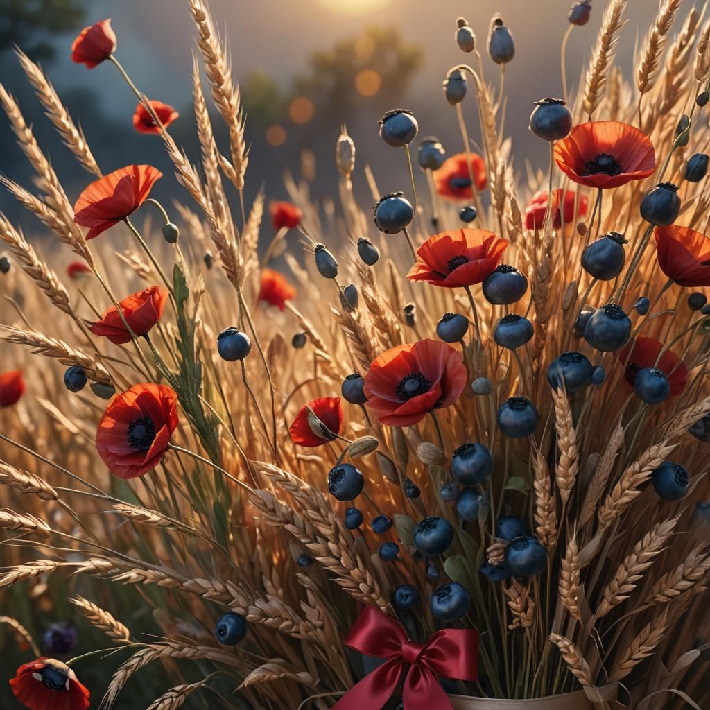 Poppy Bouquet with Cornflowers and Wheat in Fantasy Art