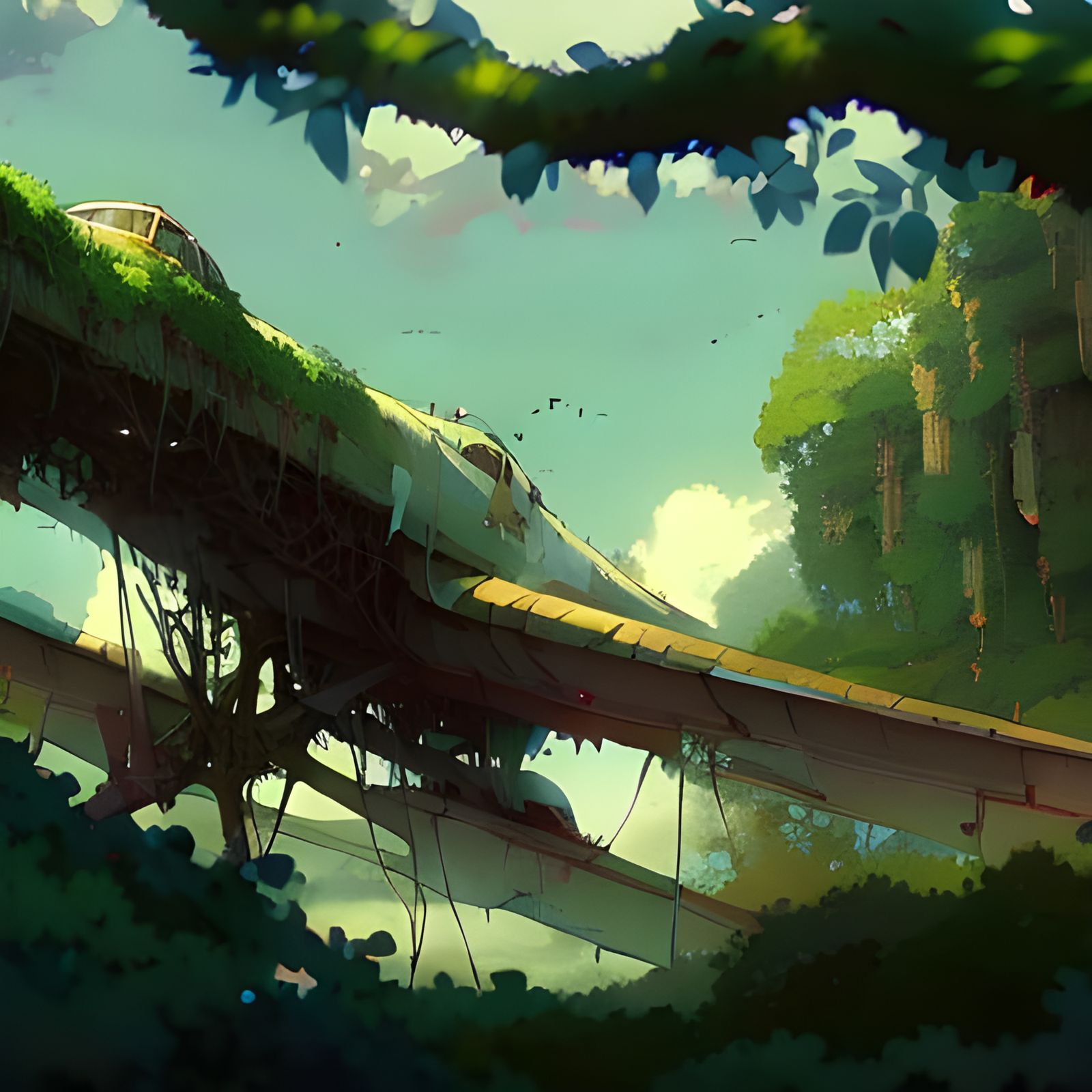 Anime Style: Abandoned Plane Engulfed by Forest