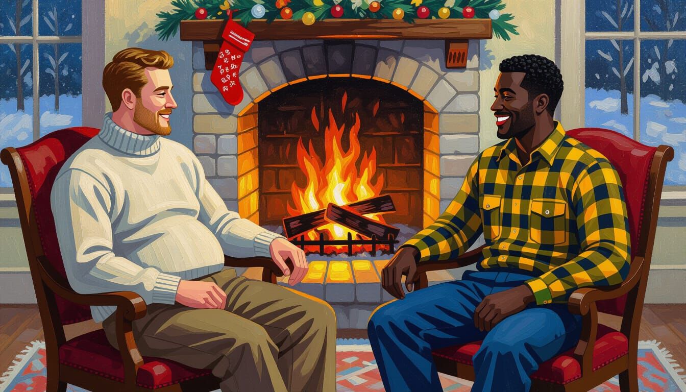 Cozy Winter Night Conversation in Pointillist Style