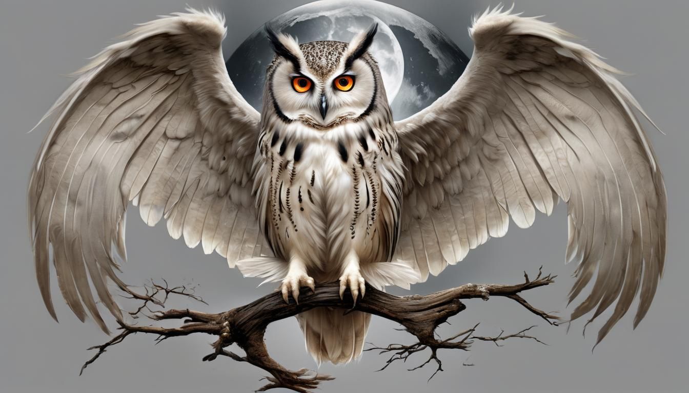 Owl with Moon Eyes and Wings in Fantasy Style