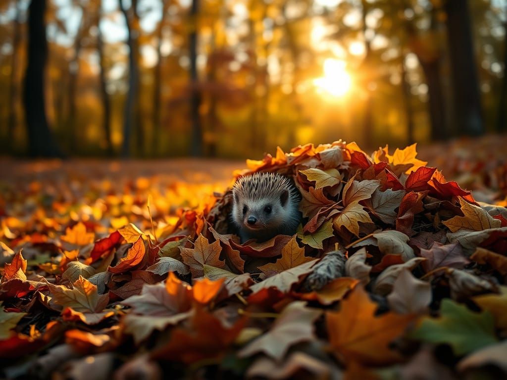 Tiny Hedgehog Peeking From Autumn Leaves in Golden Hour Fore...