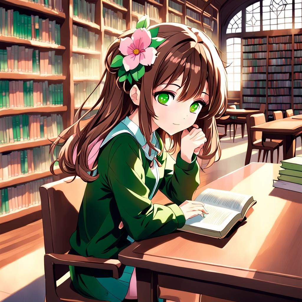 Anime Girl Reading in Library: Cel-Shaded Style